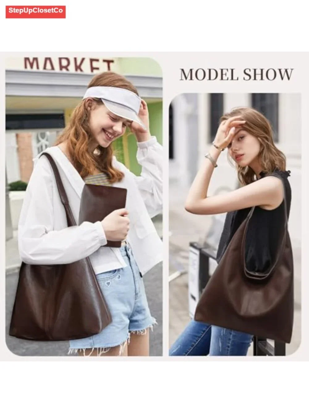 Vegan Leather Hobo Bags for Women Slouchy Tote Shoulder Handbag 2pcs Set